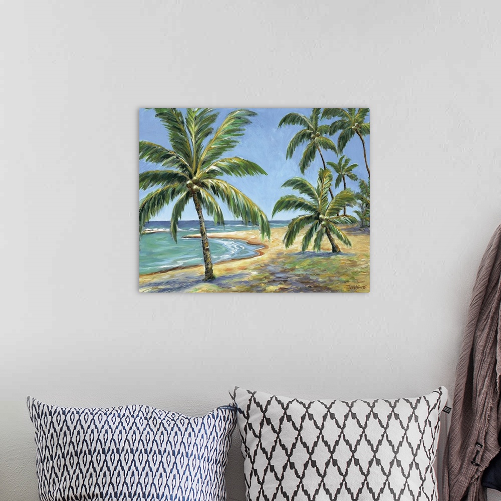 A bohemian room featuring Contemporary painting of large palm trees on a tropical beach.