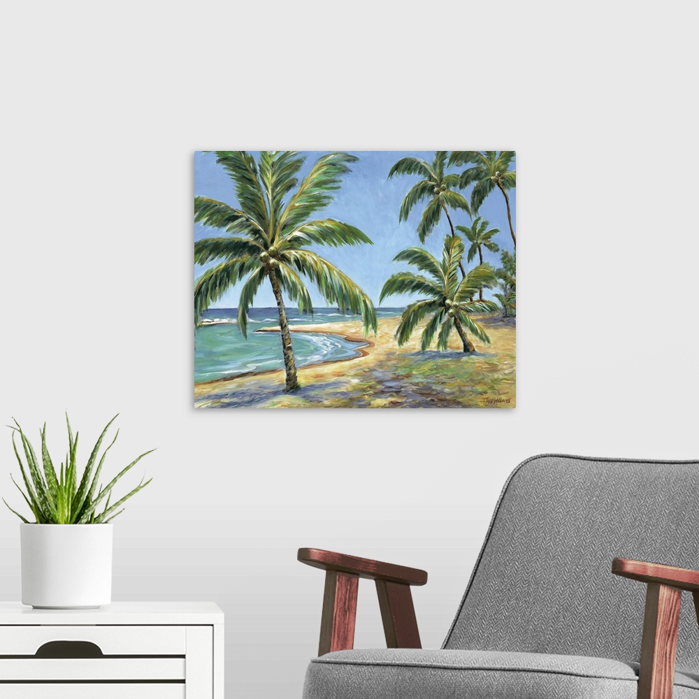 A modern room featuring Contemporary painting of large palm trees on a tropical beach.
