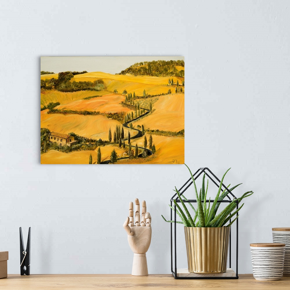 A bohemian room featuring Contemporary landscape painting of a Tuscan landscape.