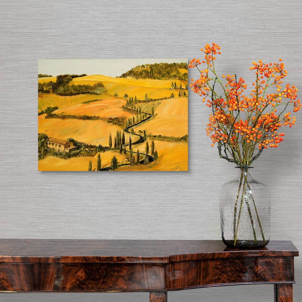 A traditional room featuring Contemporary landscape painting of a Tuscan landscape.