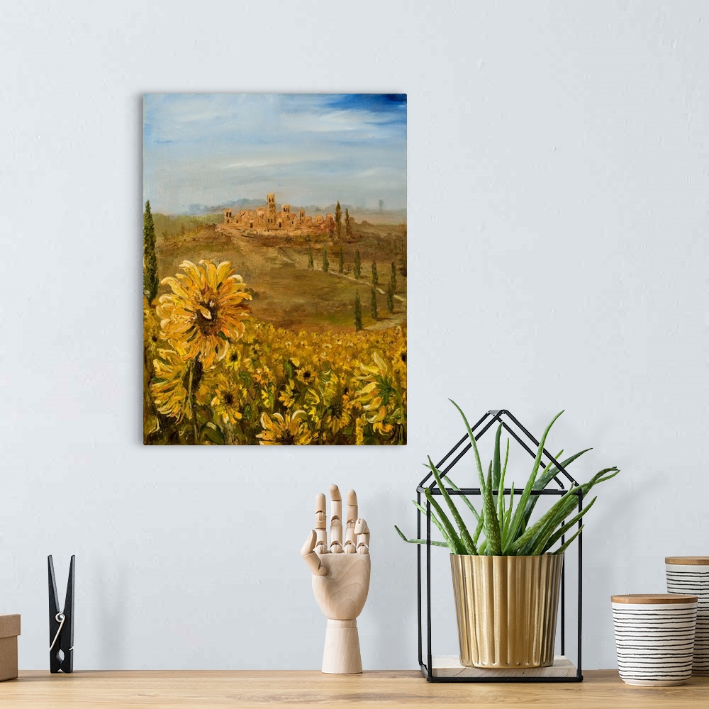 A bohemian room featuring Contemporary landscape painting with sunflowers in the foreground and a Tuscan village in the bac...