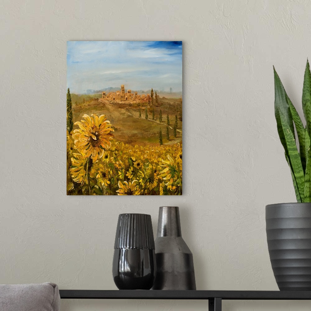 A modern room featuring Contemporary landscape painting with sunflowers in the foreground and a Tuscan village in the bac...