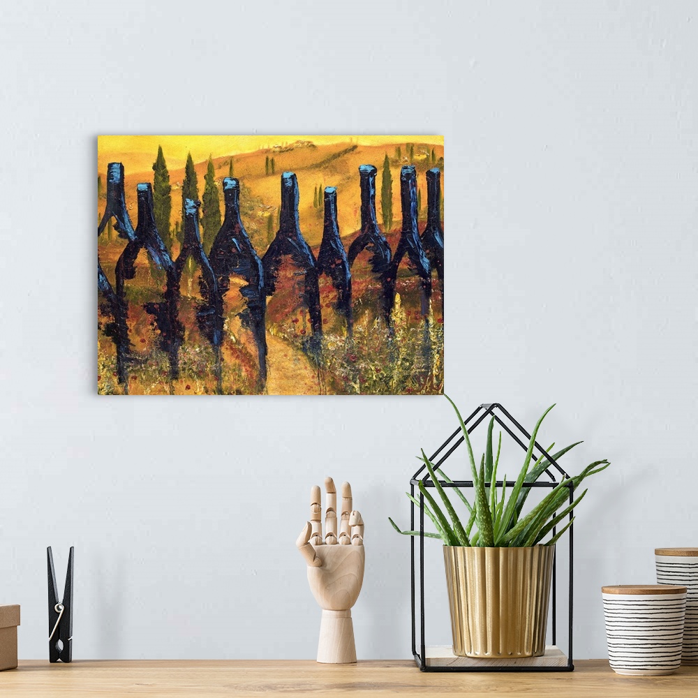 A bohemian room featuring Painting of wine bottles with a Tuscan landscape being shown through them and in the background.