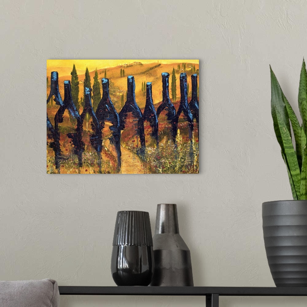A modern room featuring Painting of wine bottles with a Tuscan landscape being shown through them and in the background.