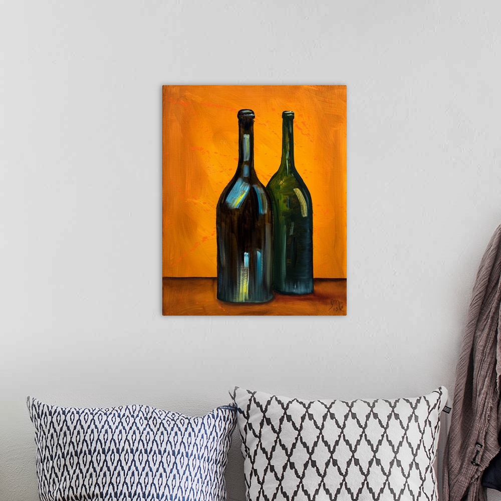 A bohemian room featuring Contemporary painting of two wine bottles on an orange background with a little bit of orange pai...