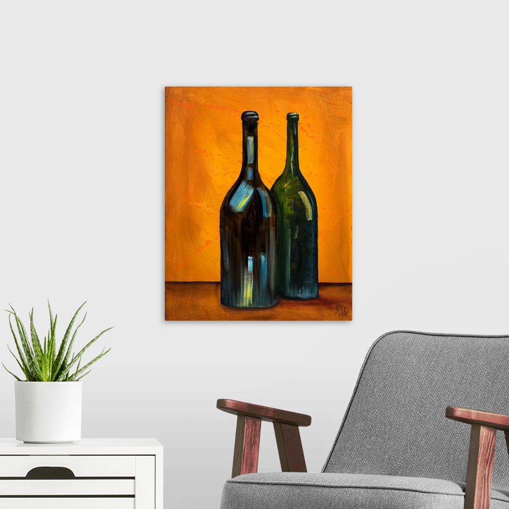 A modern room featuring Contemporary painting of two wine bottles on an orange background with a little bit of orange pai...