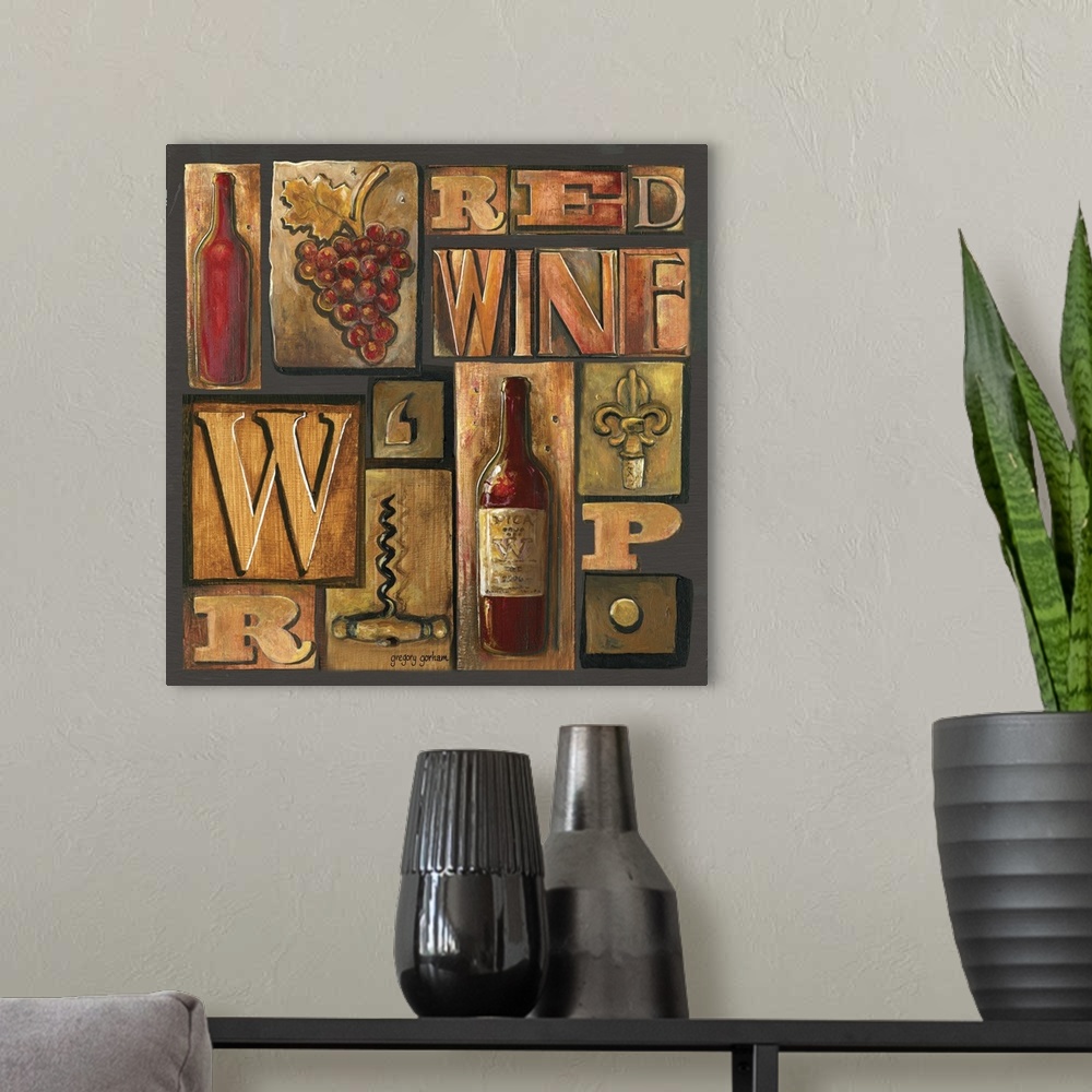 A modern room featuring A square decorative panel featuring wine and grape elements, as well as typesetting fonts.