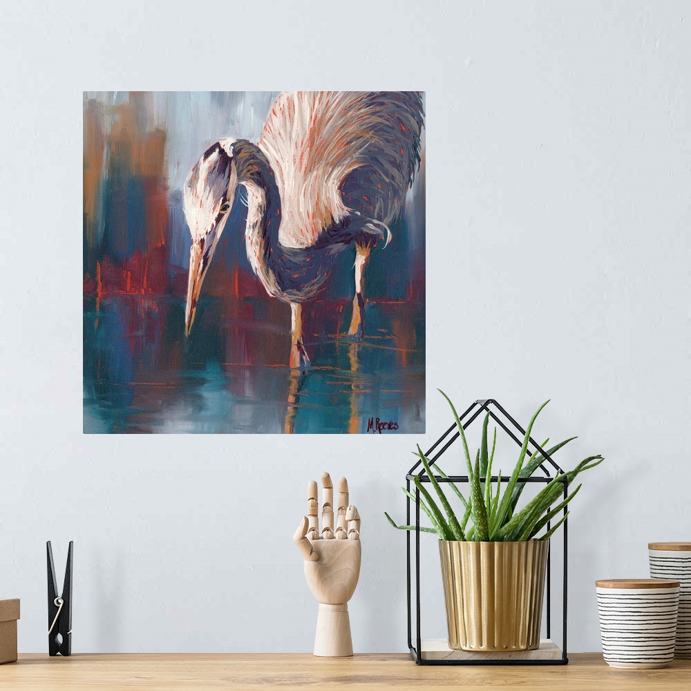 A bohemian room featuring Contemporary painting of a great blue heron stalking fish in the water.