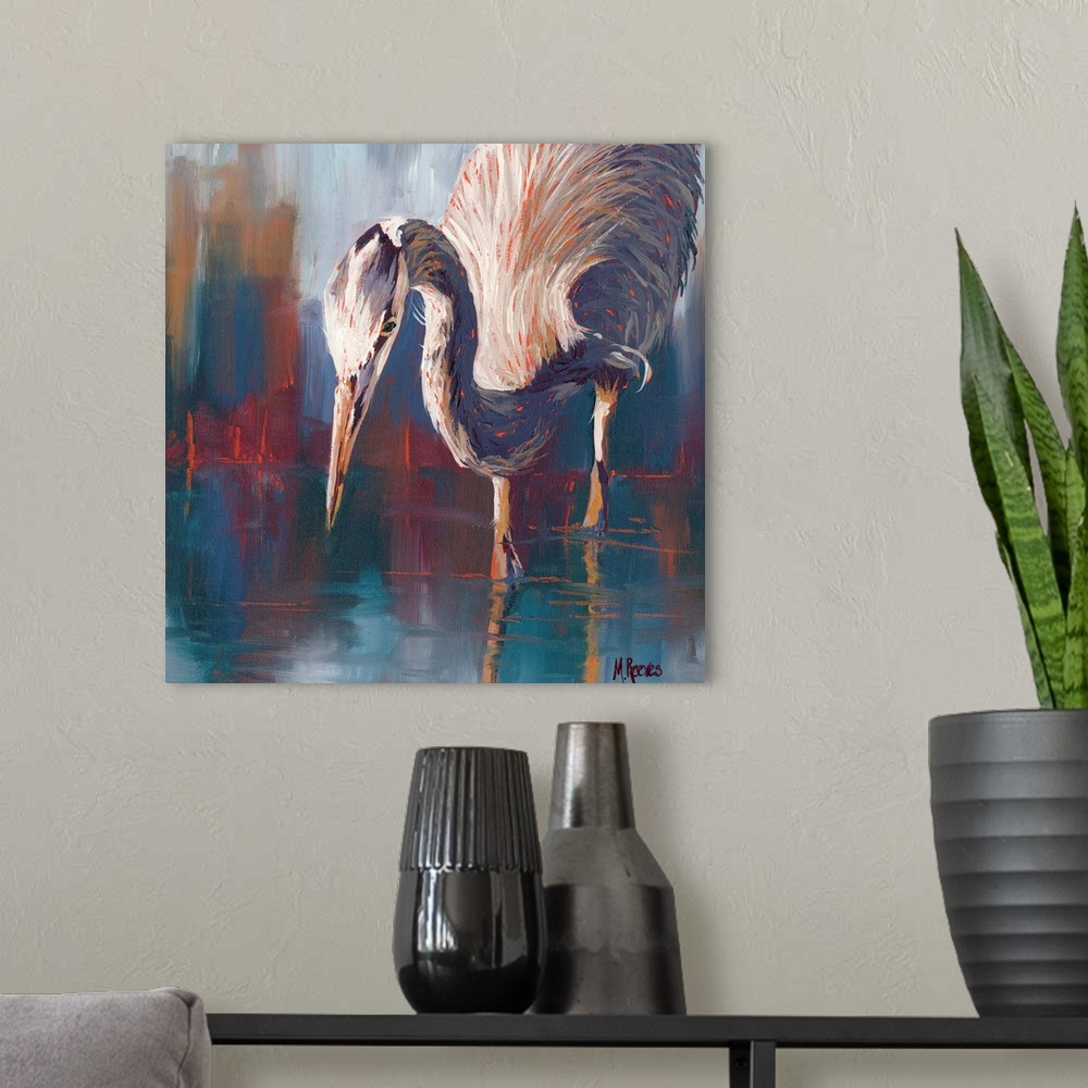 A modern room featuring Contemporary painting of a great blue heron stalking fish in the water.