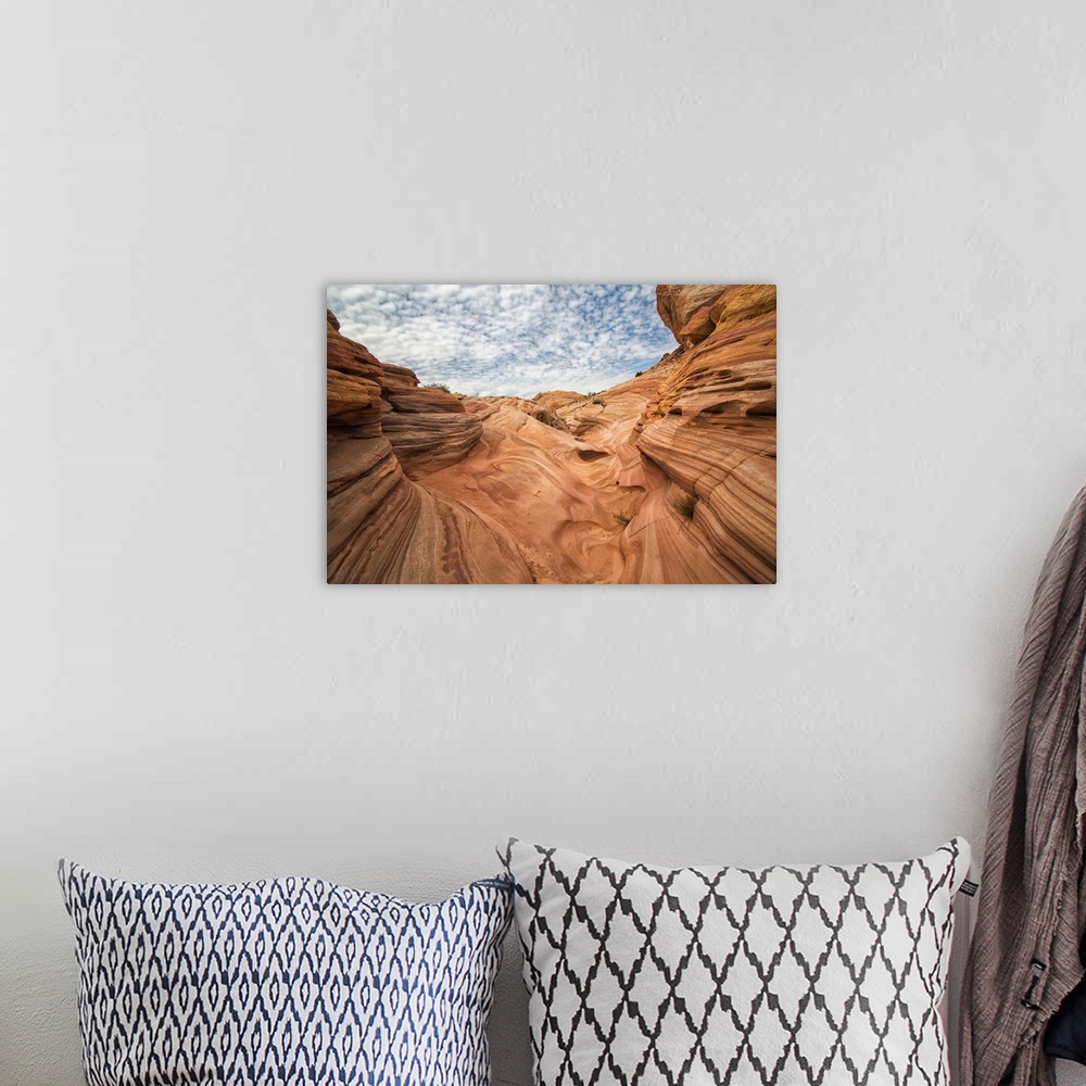 A bohemian room featuring Landscape photograph of the sandstone rock formations with blue cloudy skies above in Valley of F...