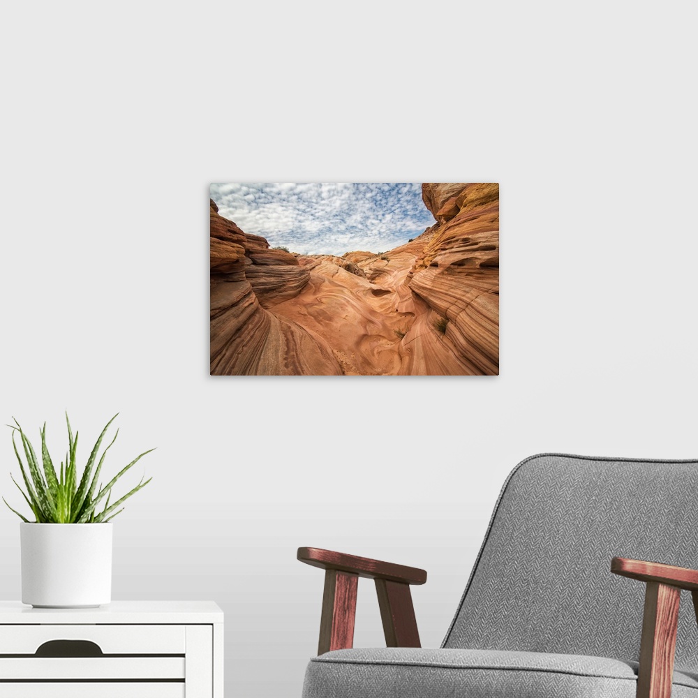 A modern room featuring Landscape photograph of the sandstone rock formations with blue cloudy skies above in Valley of F...