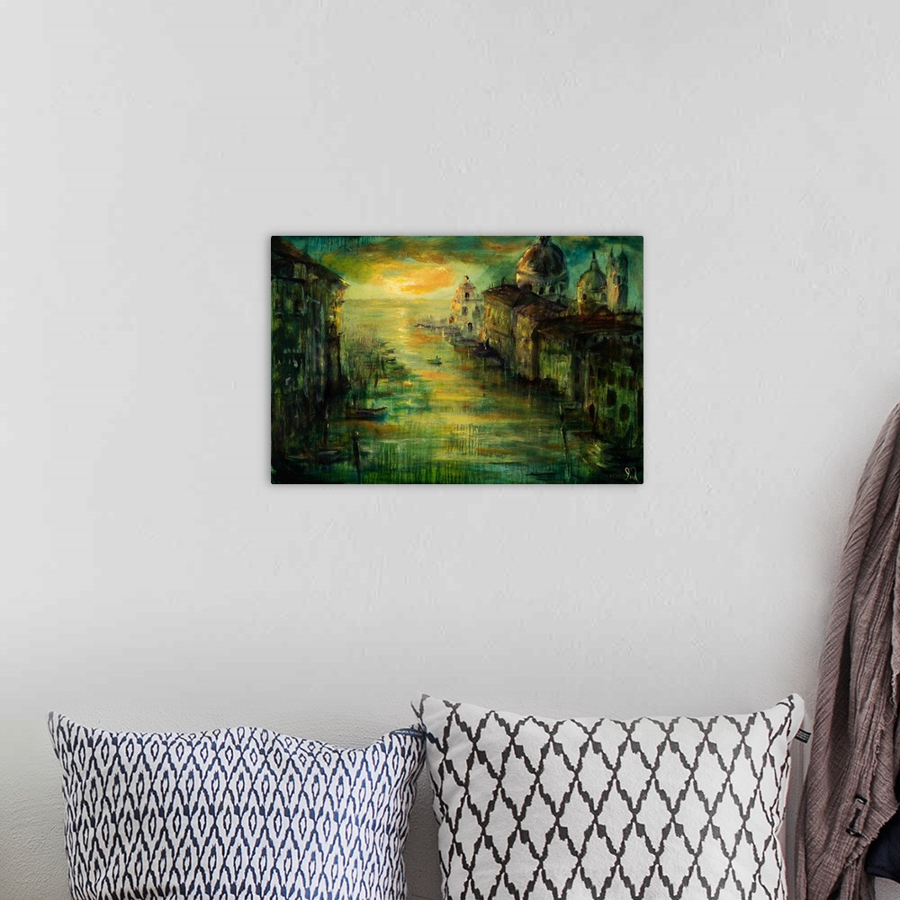 A bohemian room featuring Painting of a village on the water at sunset with one boat coming in.