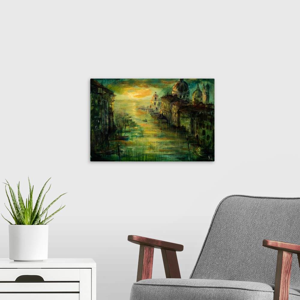 A modern room featuring Painting of a village on the water at sunset with one boat coming in.