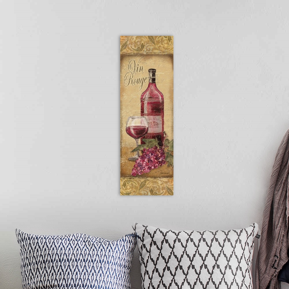 A bohemian room featuring Tall illustration of a wine bottle and a glass of red wine with grapes on the side on a tan backg...
