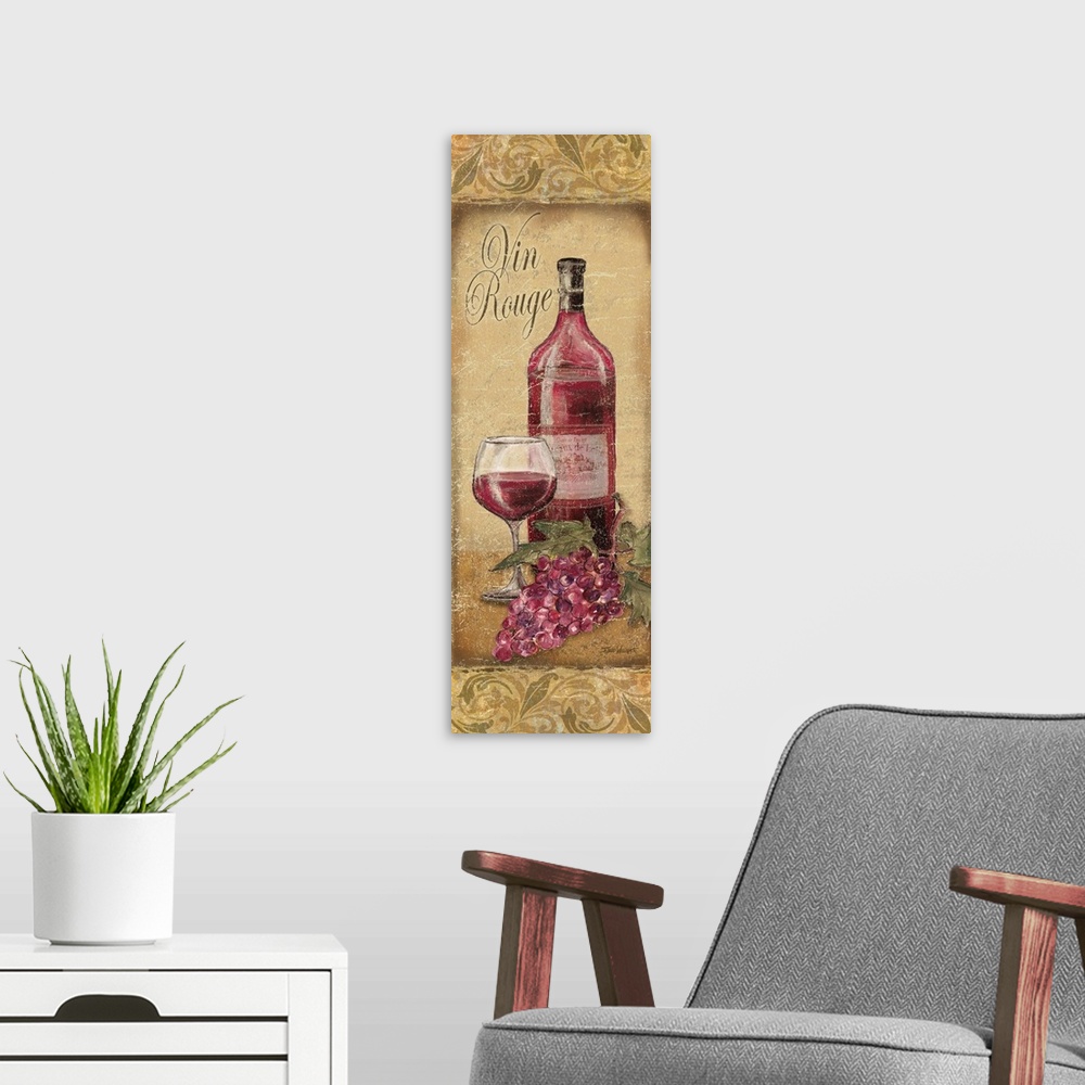 A modern room featuring Tall illustration of a wine bottle and a glass of red wine with grapes on the side on a tan backg...