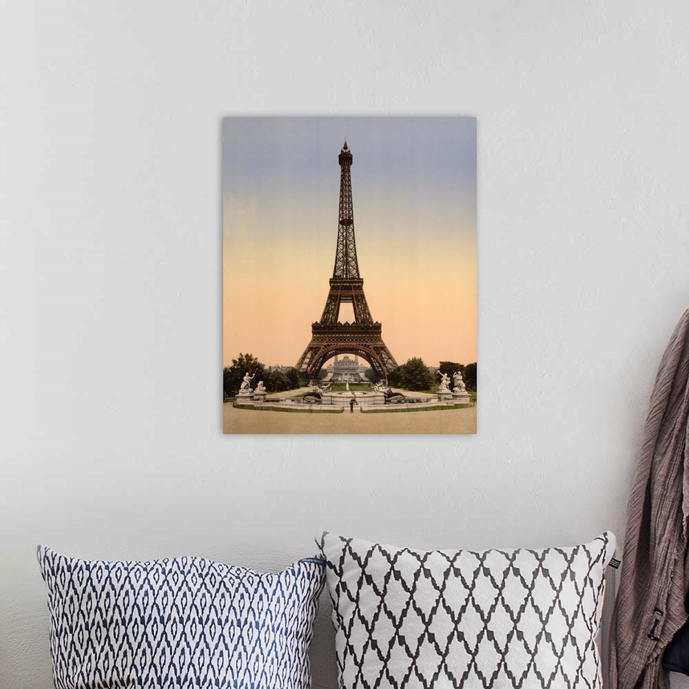 A bohemian room featuring Vintage photograph of the Eiffel Tower in Paris at sunset.