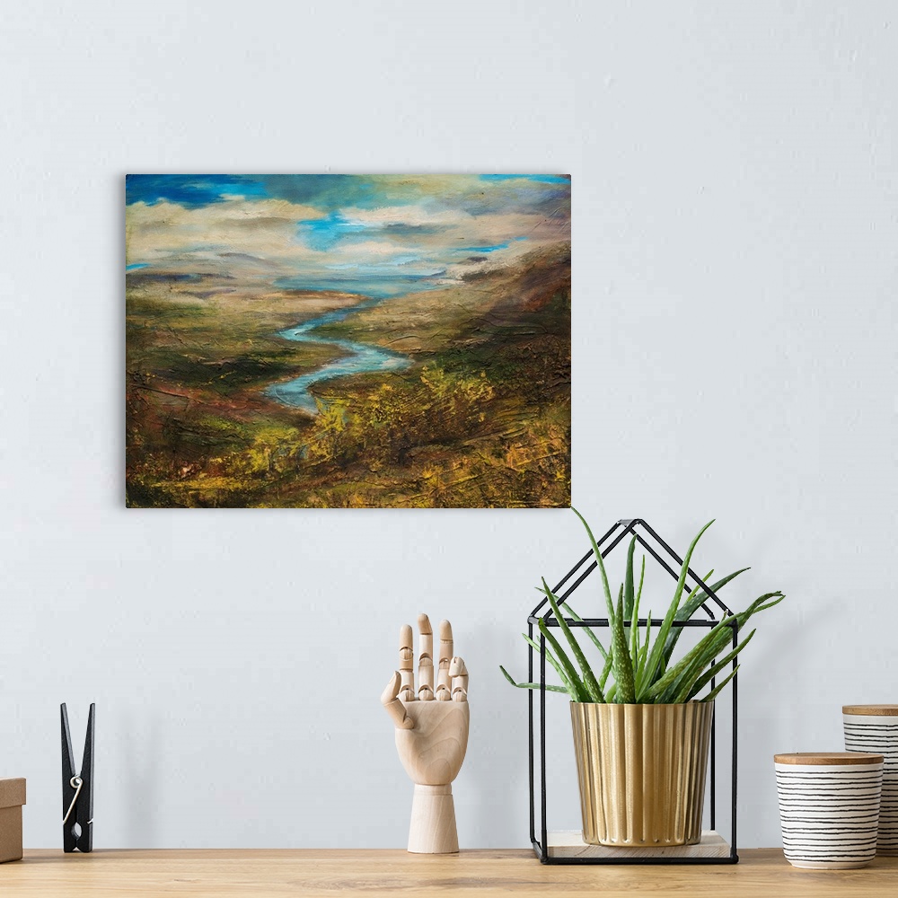 A bohemian room featuring Contemporary landscape painting of the river flowing through Warrenpoint, Ireland.