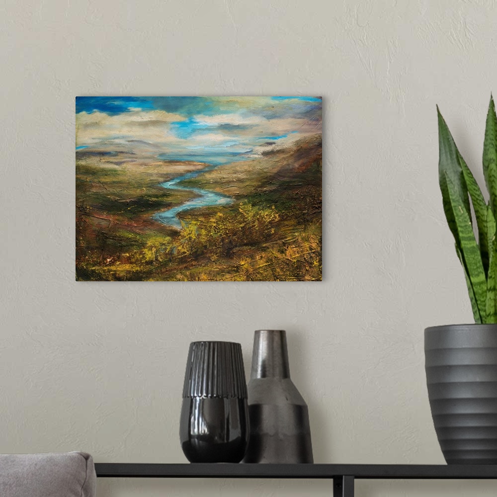 A modern room featuring Contemporary landscape painting of the river flowing through Warrenpoint, Ireland.