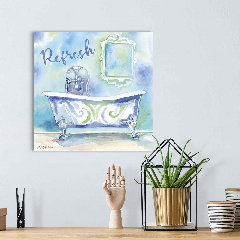 A bohemian room featuring Square bathroom art with a watercolor painting of a clawfoot tub and the word "Refresh" in shades...