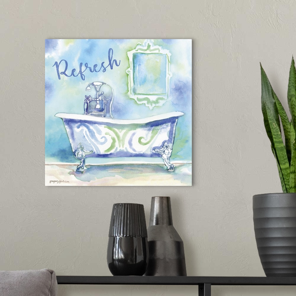 A modern room featuring Square bathroom art with a watercolor painting of a clawfoot tub and the word "Refresh" in shades...