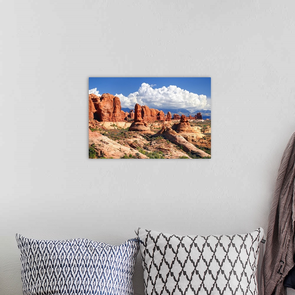 A bohemian room featuring Landscape photograph of sandstone rock formations in the desert with fluffy white clouds in the sky.