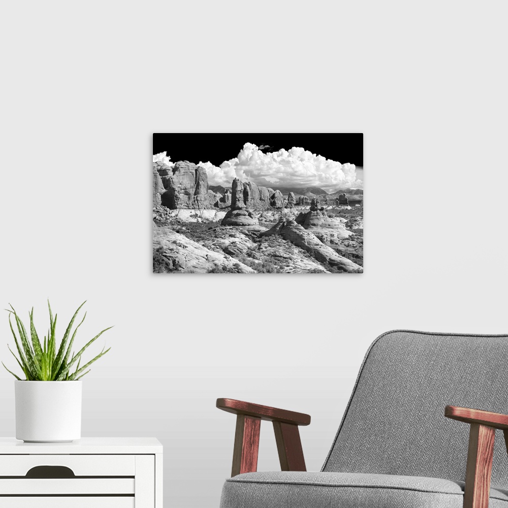A modern room featuring Black and white photograph of sandstone rock formations in the desert.