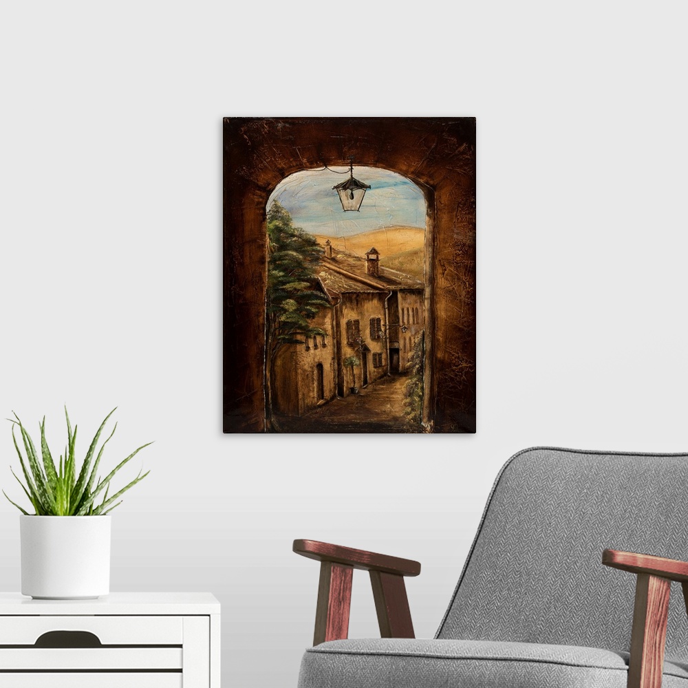 A modern room featuring Contemporary painting of an Italian village seen through a window.