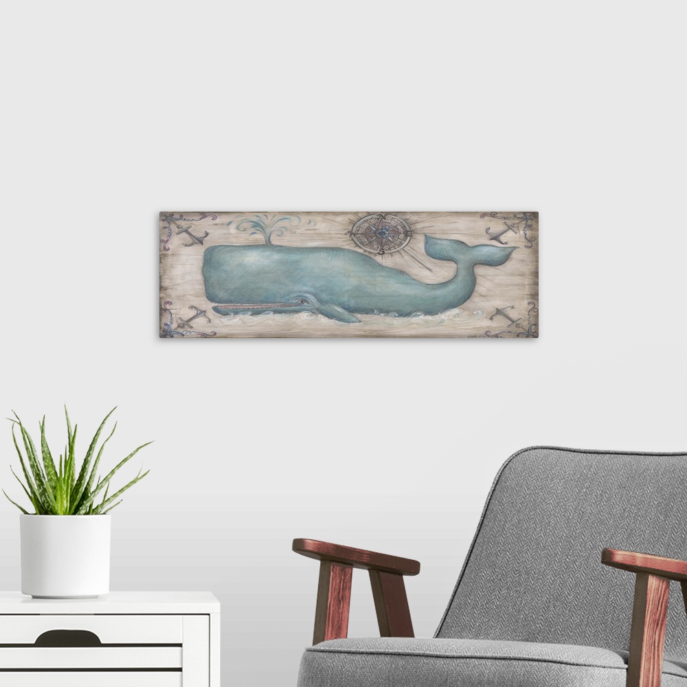 A modern room featuring Large painting of a whale spewing water out of its blowhole with a blue and red compass rose abov...