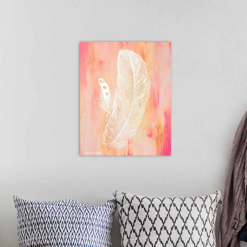 A bohemian room featuring An illustration of a feather in white over a pink background.