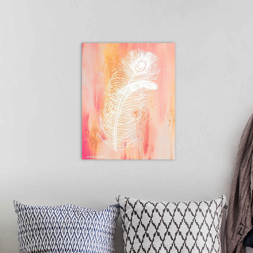 A bohemian room featuring An illustration of a feather in white over a pink background.
