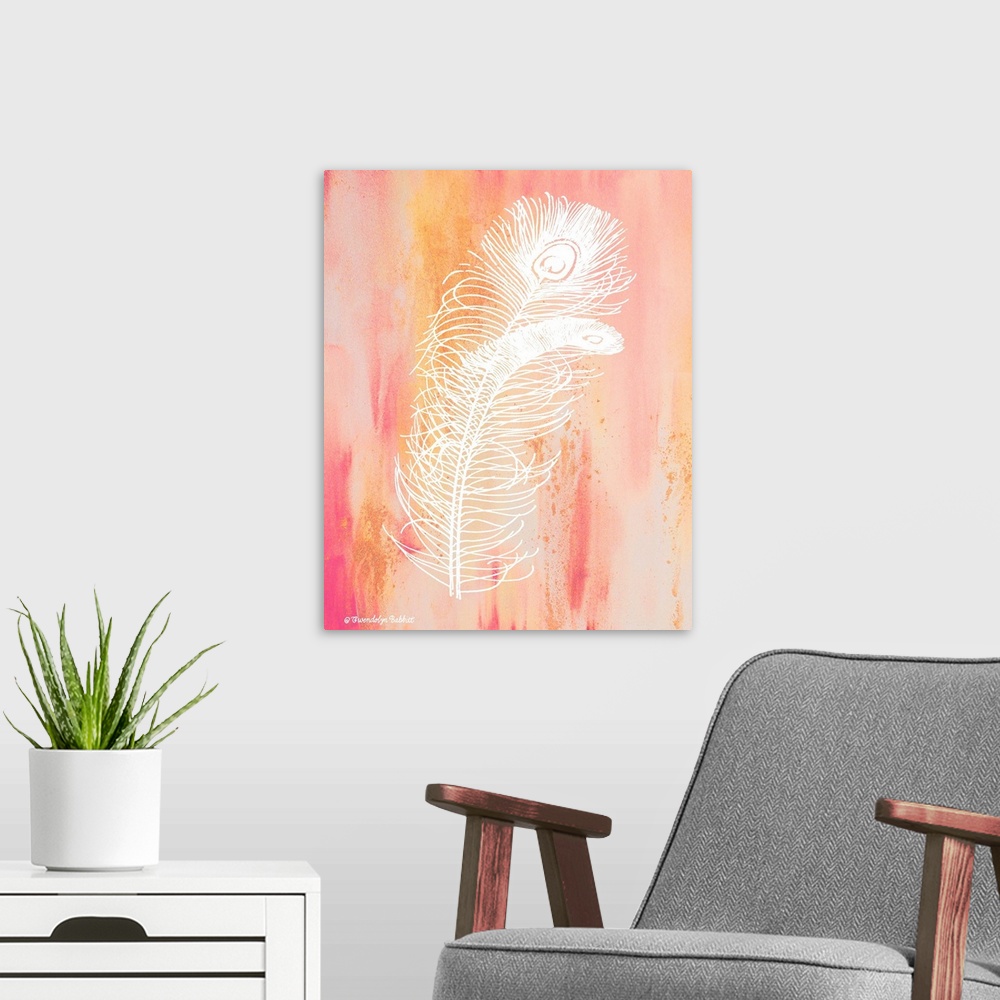 A modern room featuring An illustration of a feather in white over a pink background.