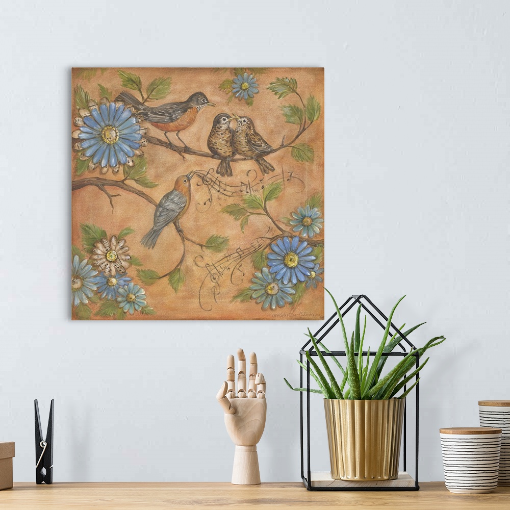 A bohemian room featuring Square painting of four birds perched on branches singing and surrounded by blue flowers and  flo...