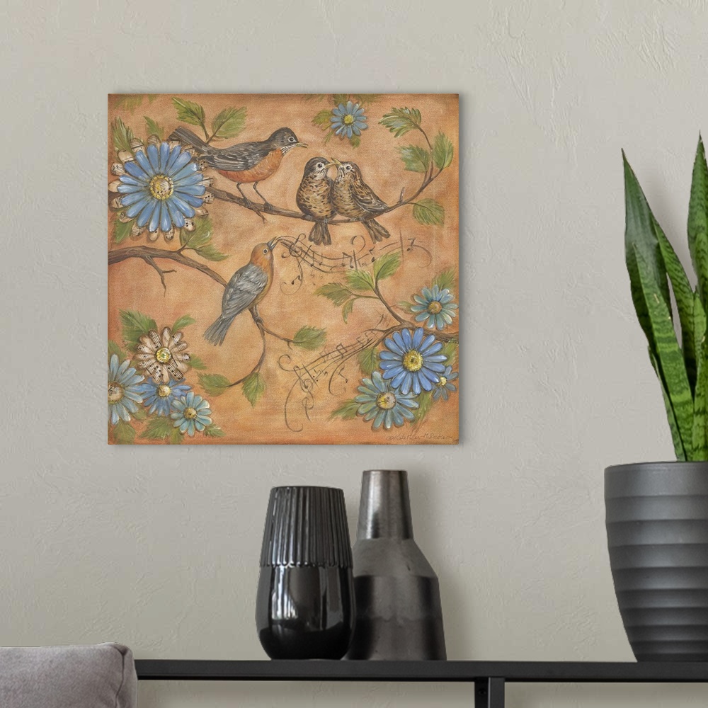 A modern room featuring Square painting of four birds perched on branches singing and surrounded by blue flowers and  flo...