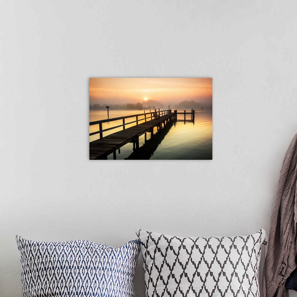 A bohemian room featuring Photograph of a dock on the Wicomico River with a hazy sunrise above, Maryland.