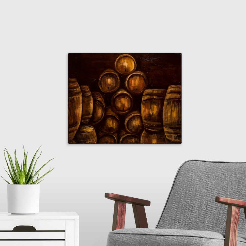 A modern room featuring Contemporary painting of wooden wine barrels stacked up in warm dark tones.