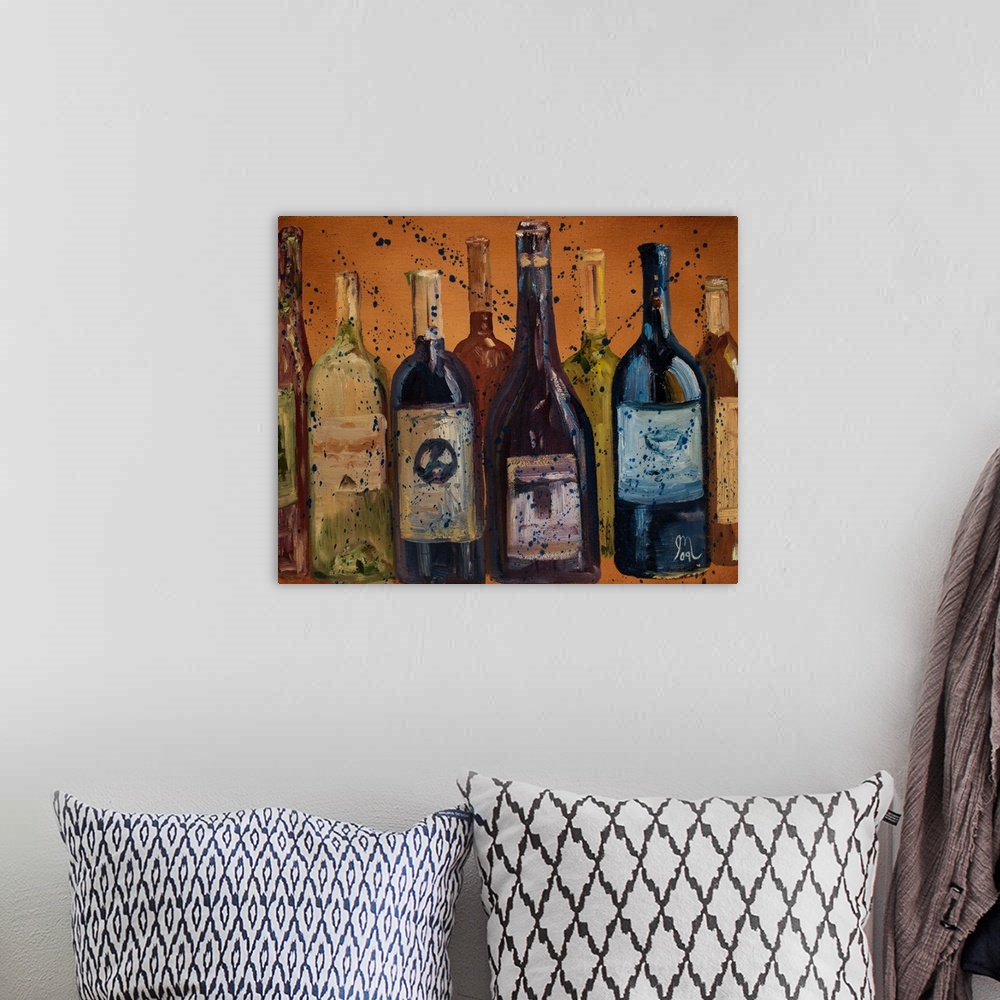 A bohemian room featuring Contemporary painting of red and white wine bottles on an orange background with a blue paint spl...