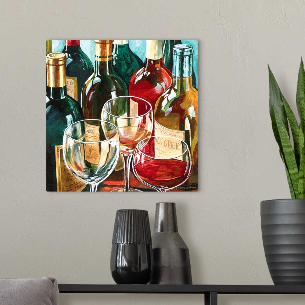 A modern room featuring Contemporary painting of several wine bottles and three wine glasses.