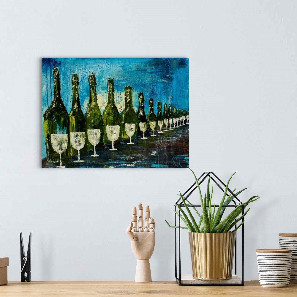 A bohemian room featuring Painting of green wine bottles with white wine glasses in front of each bottle in a long row with...