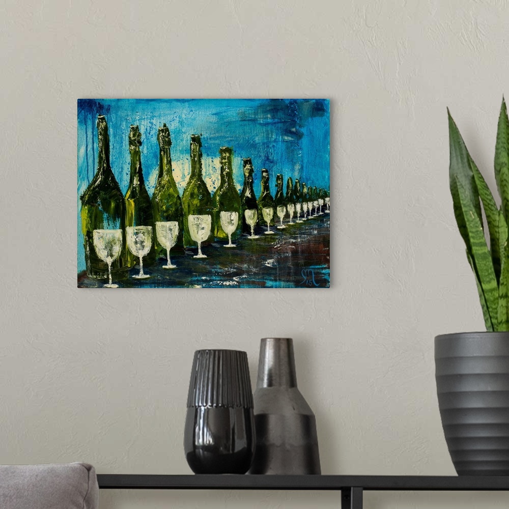 A modern room featuring Painting of green wine bottles with white wine glasses in front of each bottle in a long row with...