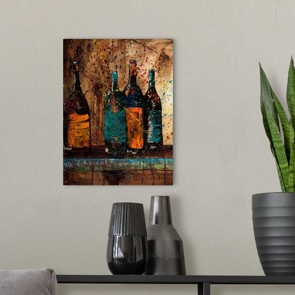 A modern room featuring Painting of wine bottles with blue and orange labels on a shelf with a neutral colored background...