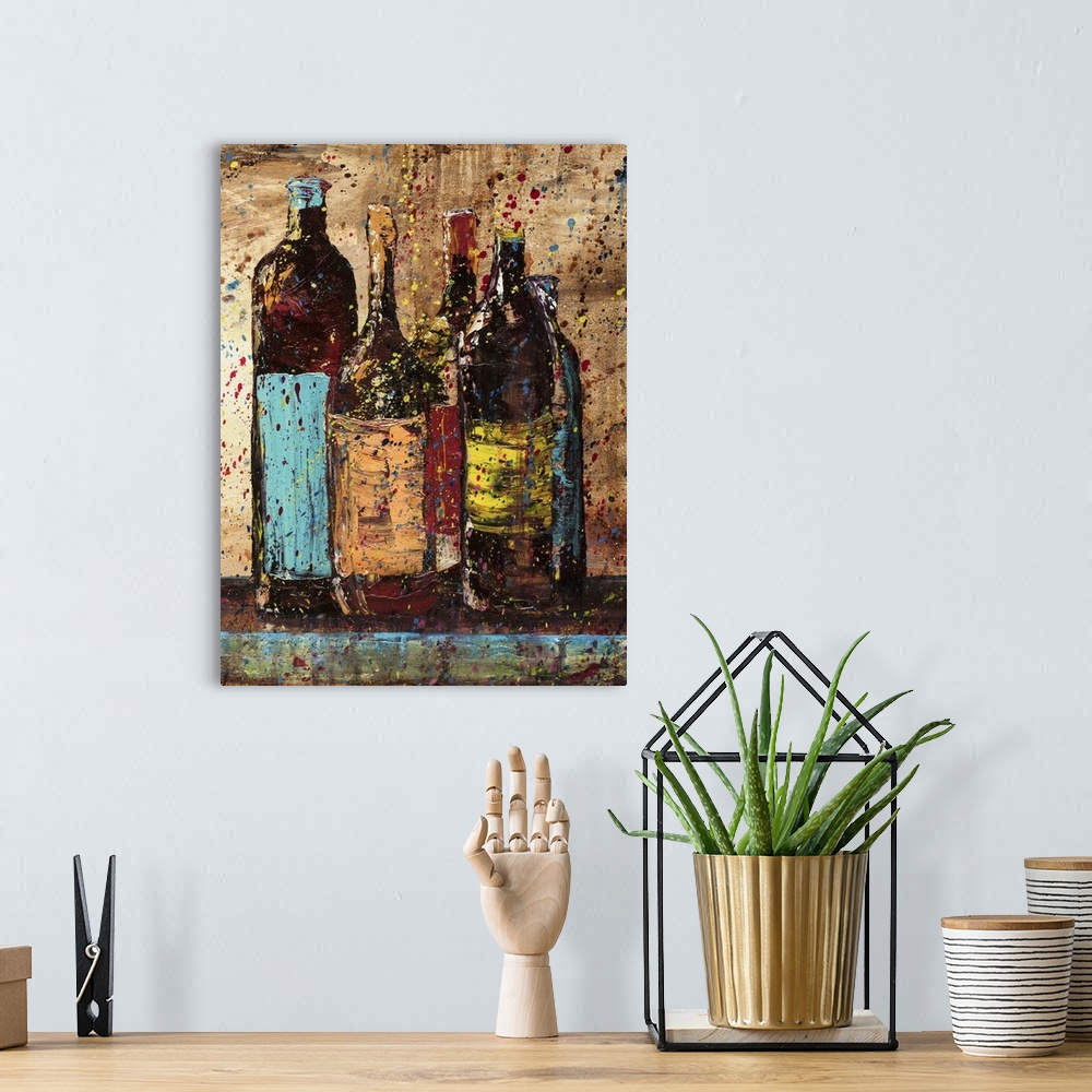 A bohemian room featuring Painting of wine bottles with brightly colored labels on a shelf with a neutral colored backgroun...