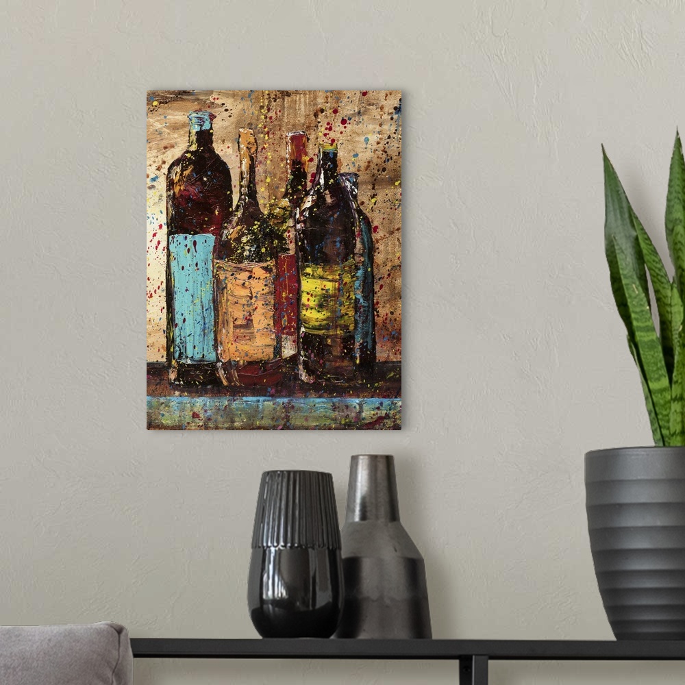A modern room featuring Painting of wine bottles with brightly colored labels on a shelf with a neutral colored backgroun...