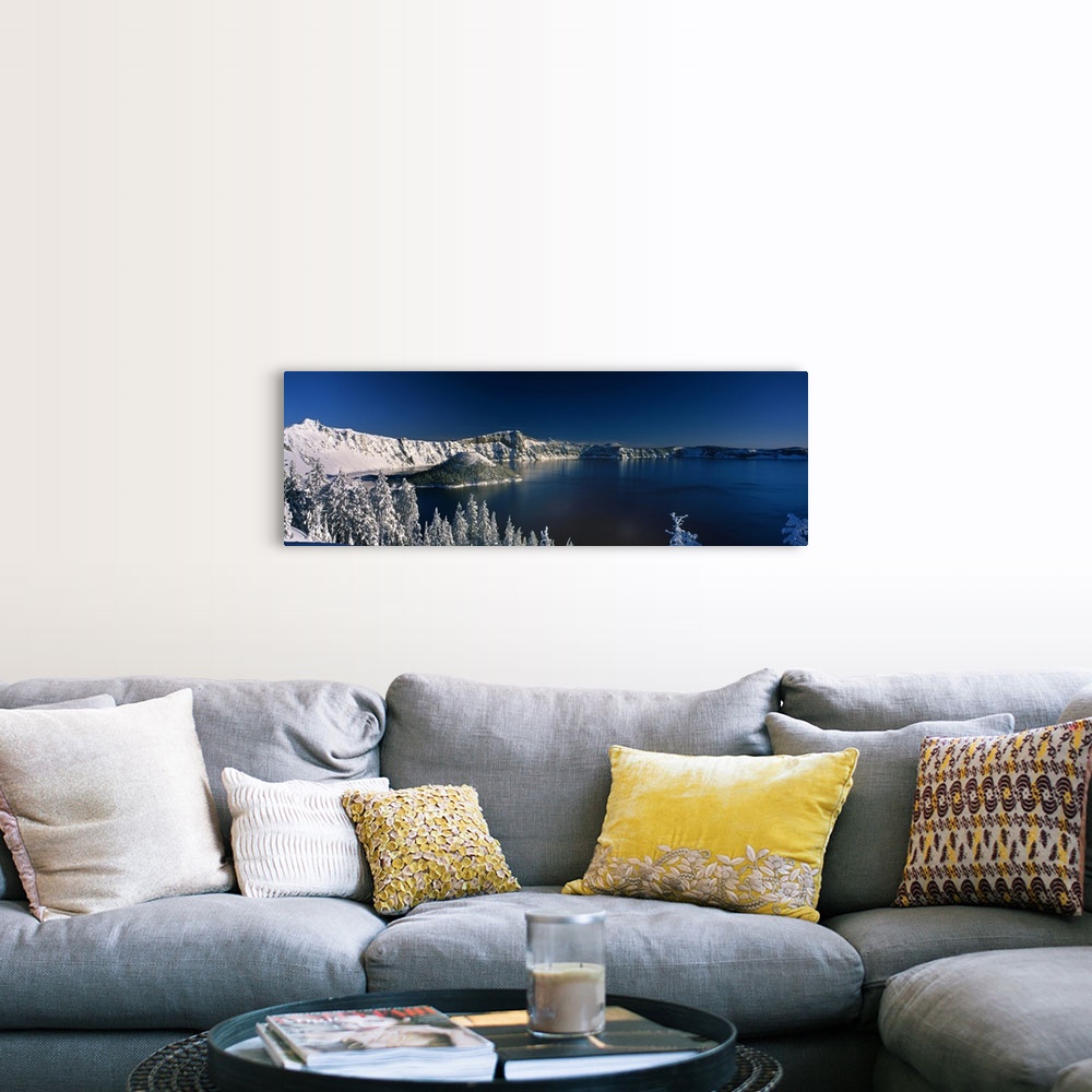 A farmhouse room featuring Panoramic photograph of Crater Lake surrounded by snow covered mountains in Crater Lake National ...