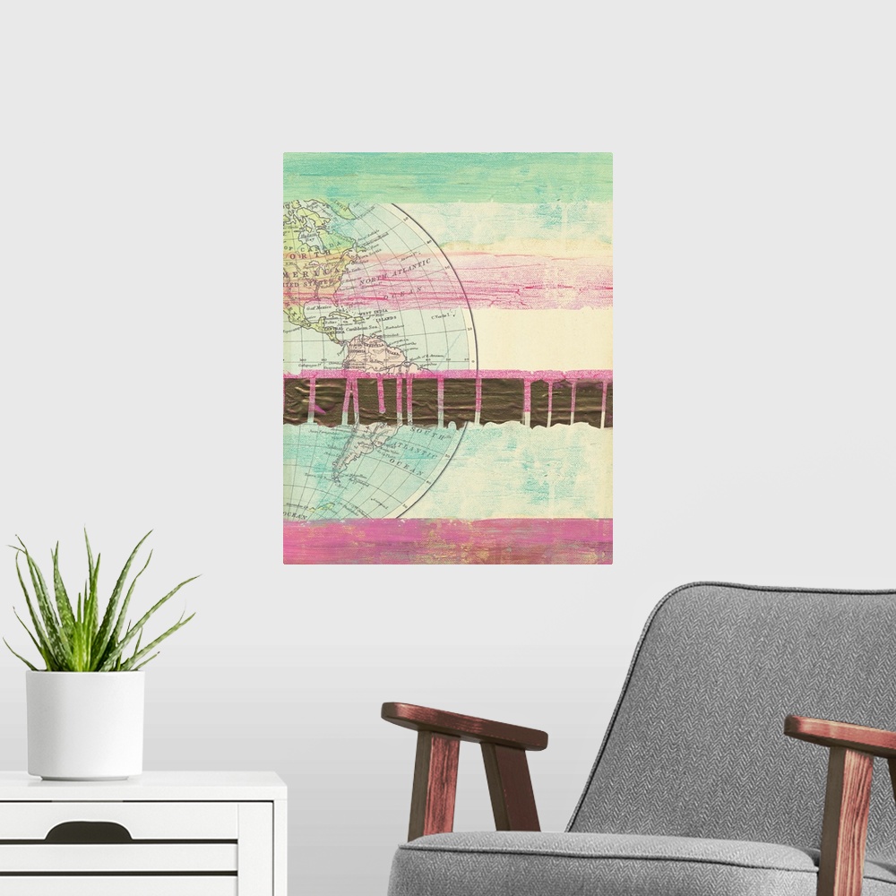 A modern room featuring Mixed media artwork with a world map and geometric painted shapes.