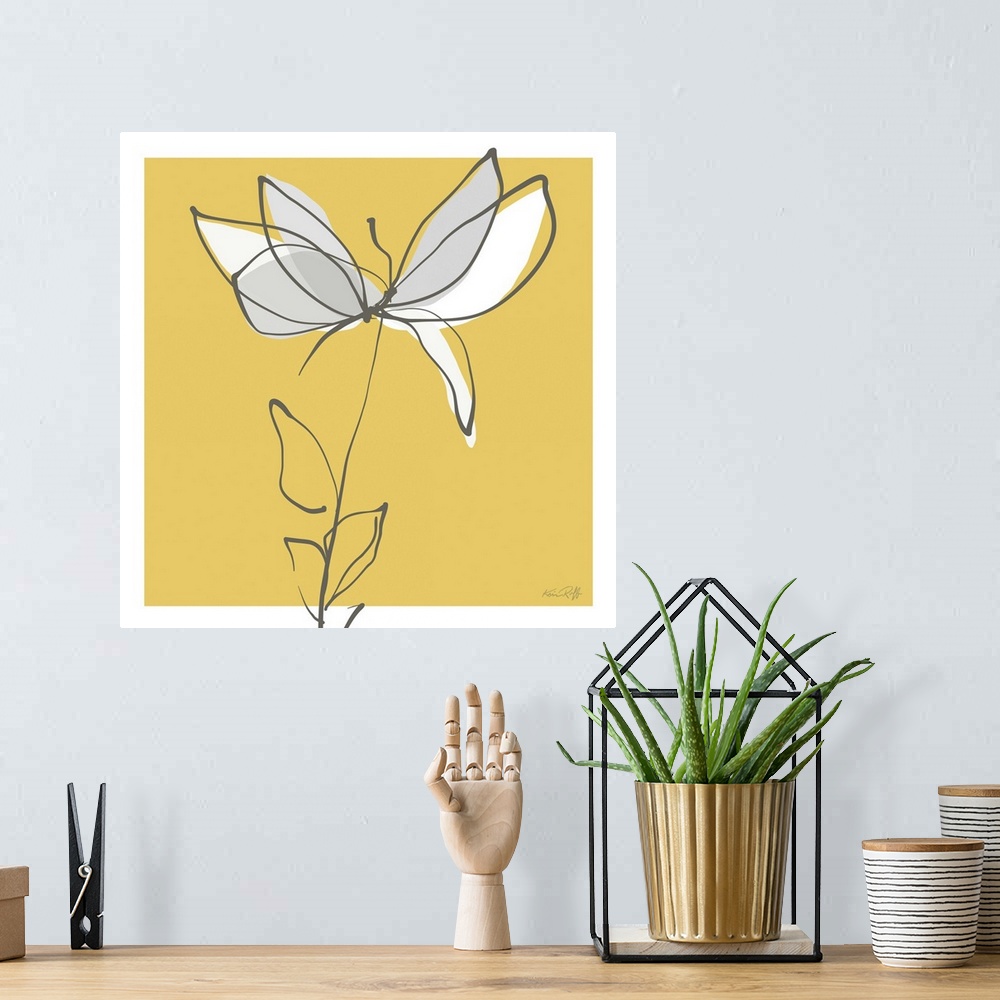 A bohemian room featuring Square abstract illustration of a white and gray flower on a yellow background with a white boarder.