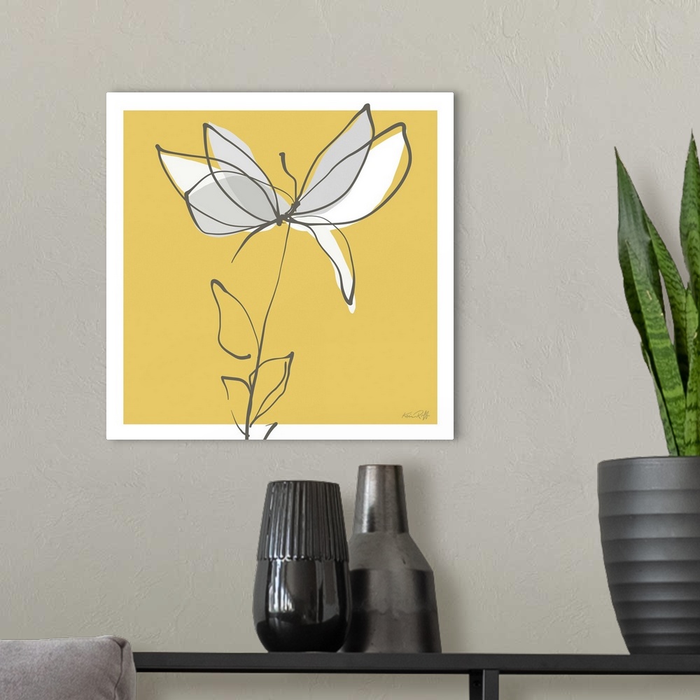 A modern room featuring Square abstract illustration of a white and gray flower on a yellow background with a white boarder.