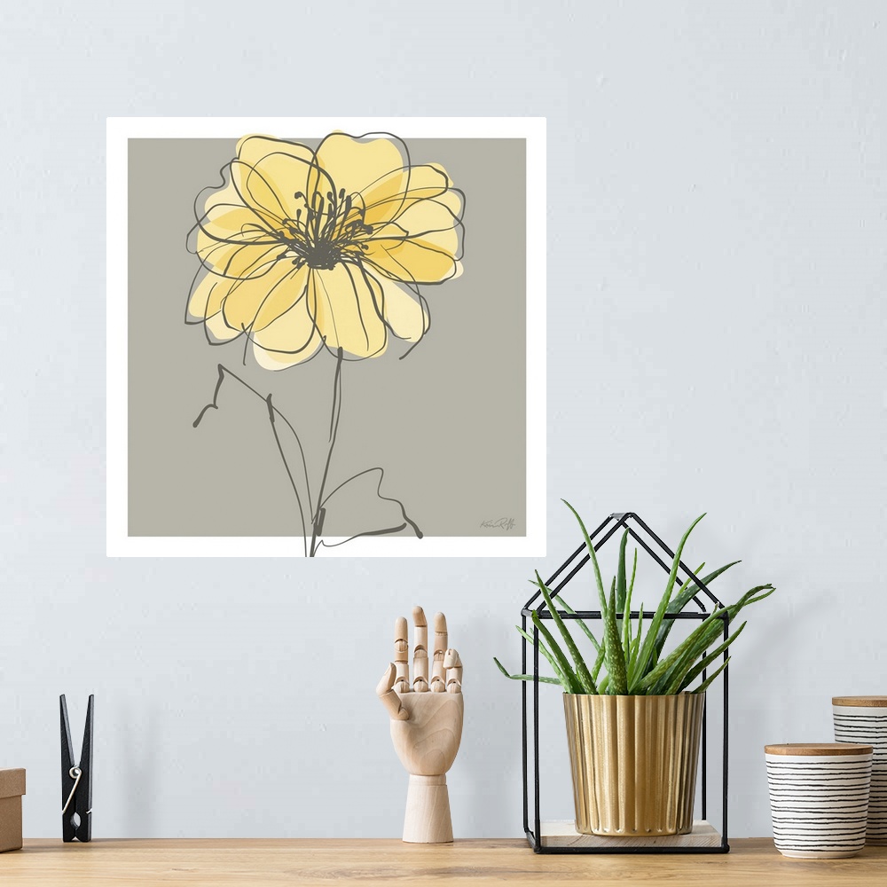 A bohemian room featuring Square illustration of a single yellow and gray flower on a gray background with a white boarder.