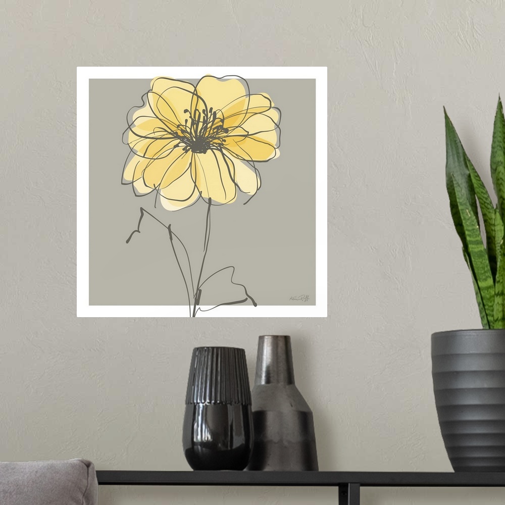 A modern room featuring Square illustration of a single yellow and gray flower on a gray background with a white boarder.