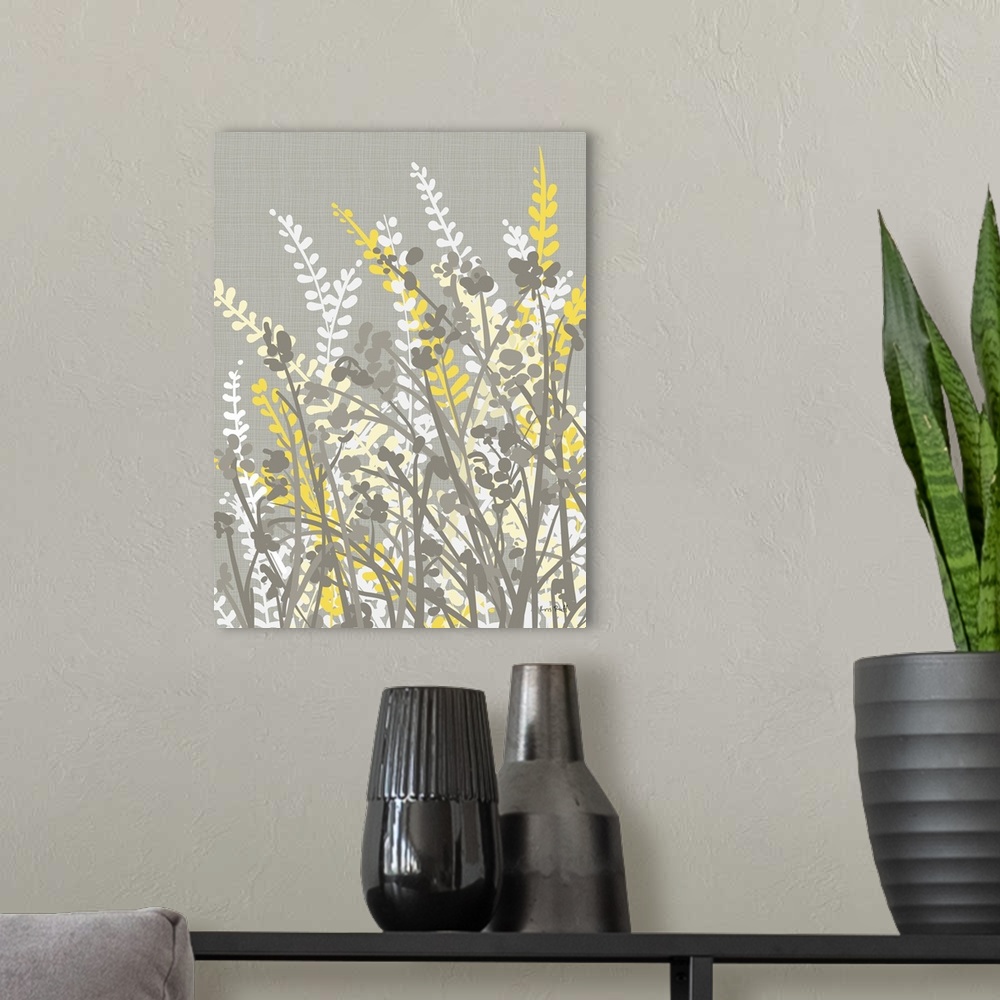 A modern room featuring Graphic illustration of white, gray, and yellow silhouetted plants and flowers leaning towards th...