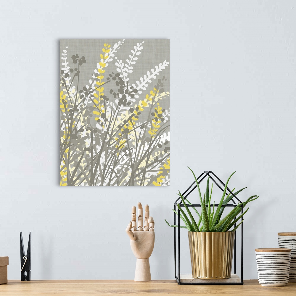 A bohemian room featuring Graphic illustration of white, gray, and yellow silhouetted plants and flowers leaning towards th...